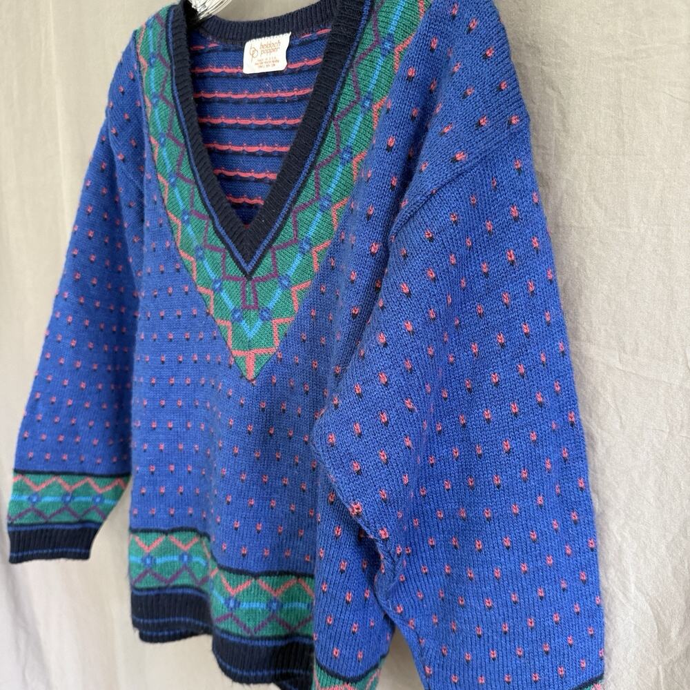 Vintage 80s Beldoch‎ Popper Women’s V-Neck Sweater Blue Green Geometric Size M - Picture 4 of 12